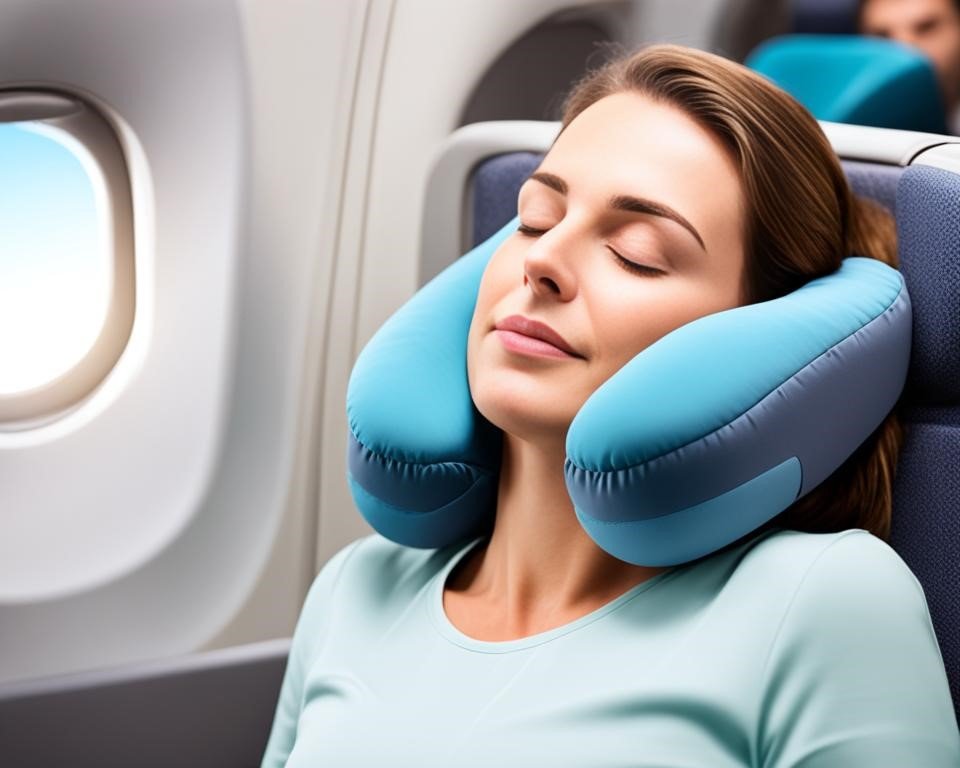 A lady using Microbeads Travel Pillow which shows complete adjustment of her head and neck while sleeping in an airplane travel