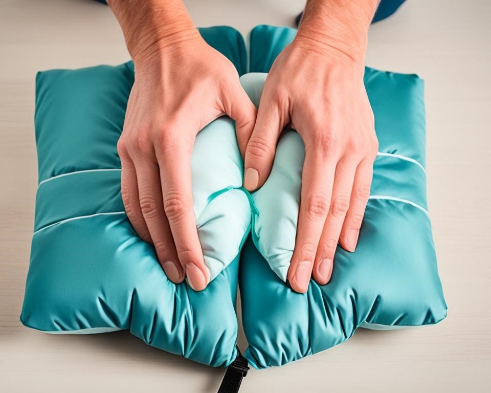 A pair of hands folding a travel pillow into a small, compact square. The hands press down firmly on the pillow, showing how to get all the air out before securing it with straps or ties