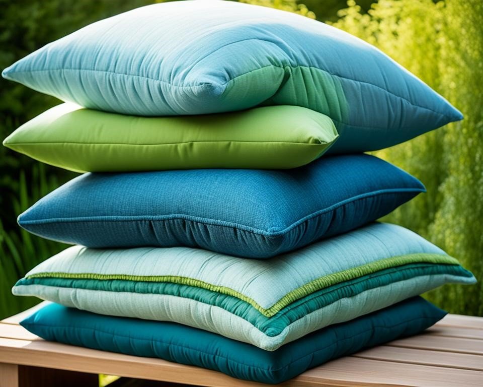 A stack of fluffy pillows made from recycled materials, with various shades of blue and green fabrics