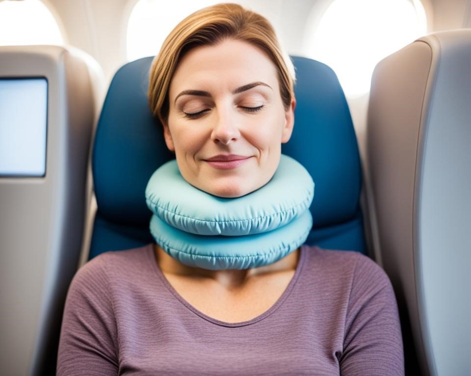 A traveler resting comfortably on a plane, with a microbead travel pillow wrapped around their neck