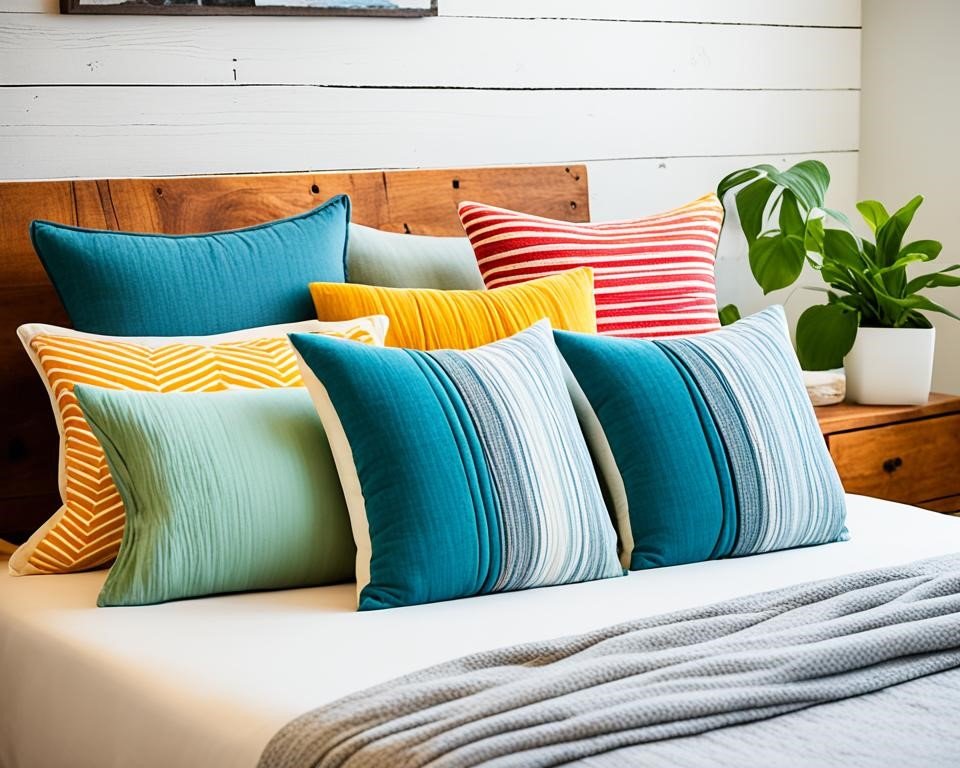 An array of colorful upcycled fabric pillows arranged in a cozy bedroom