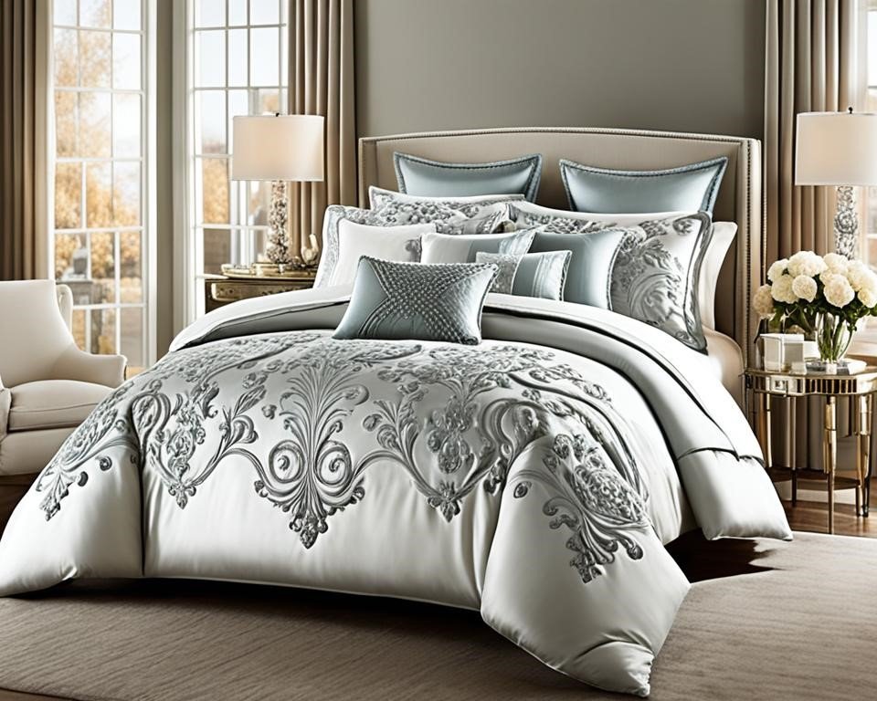 a luxurious bed covered in silky, opulent bedding. The pillows are prominently displayed, showcasing their designer branding