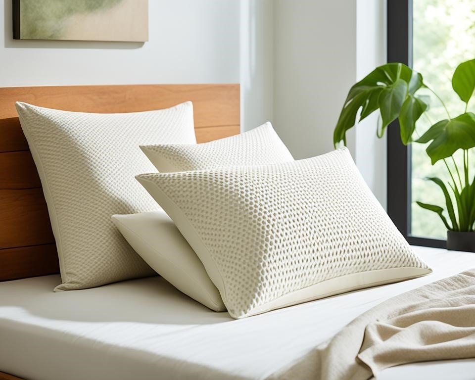 a pile of eco-friendly latex pillows stacked neatly on the bed