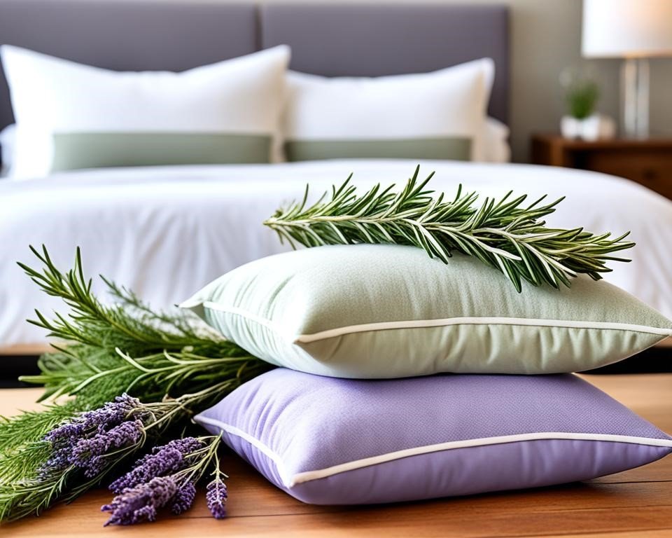 a stack of fluffy, herbal aromatherapy pillows in earthy-toned covers