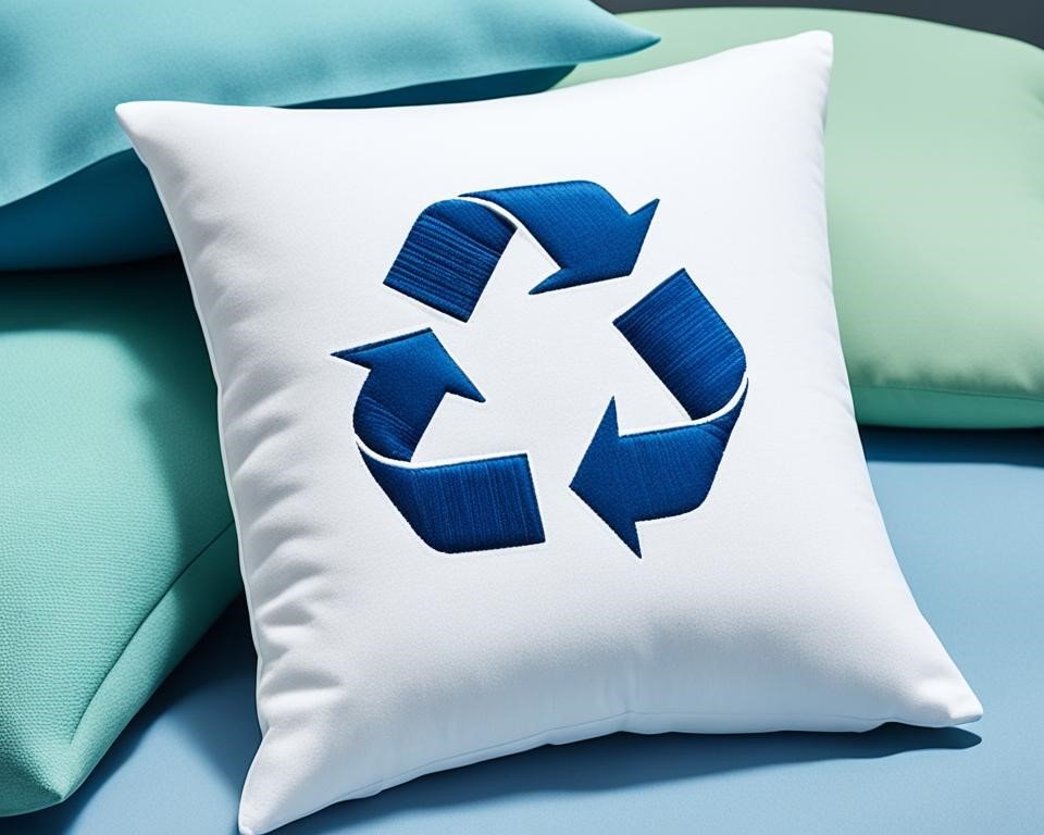 a white pillow with a blue recycling symbol embroidered on it