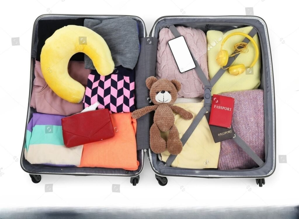 soft travel neck support pillow, headphones, passports and other  necessary items in open suitcase for travelling