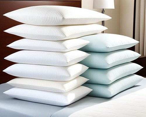 Different types of orthopedic pillows arranged neatly on a bed in various sizes  to support the neck, and  for spinal alignment. 