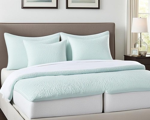 a central bed, perfectly made up and decorated with plush, comfortable-looking contour pillows to support the back and neck of a back sleeper.