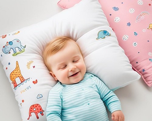 a happy child resting on a toddler pillow